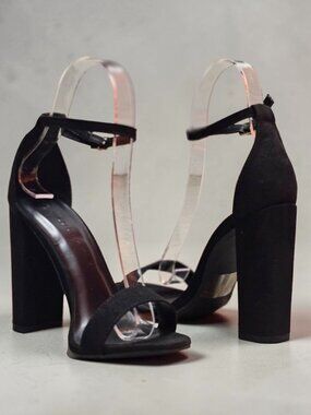 Womens Black Suede Block Heel Sandals With Adjustable Ankle Strap